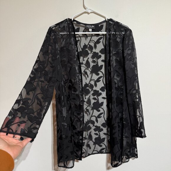Vintage Onyx Nite by Wendye Chaitin sheer floral open-front cardigan in black - Picture 2 of 6